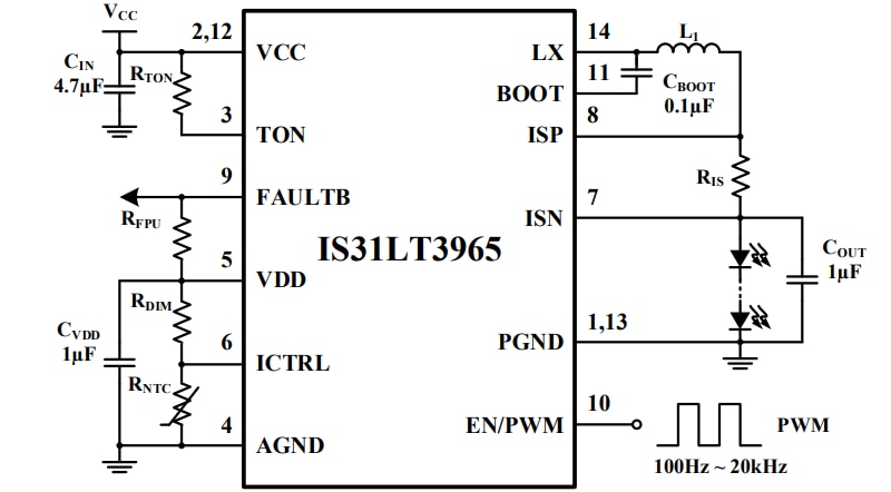 Application Circuit Diagram - Lumissil IS32LT3965 Synchronous Buck LED Driver